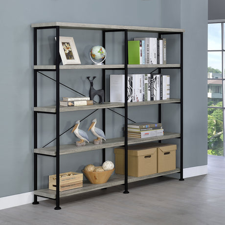 Analiese 63" 4-Shelf Bookshelf & Double Bookshelf - Black Metal Frame in Rustic Nutmeg or Grey Driftwood - lifestyle