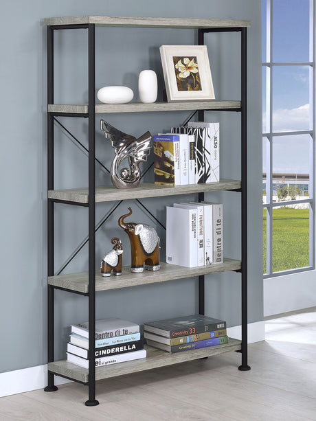 Analiese 63" 4-Shelf Bookshelf & Double Bookshelf - Black Metal Frame in Rustic Nutmeg or Grey Driftwood – view 2