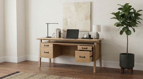 Goodson 64" Double Pedestal Computer Desk - 4 Drawers & Open Shelf in Distressed Light Brown