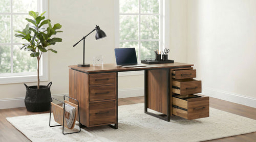 Berhalter 63" Double Pedestal Computer Desk - 6 Drawers with File Storage in Walnut & Black