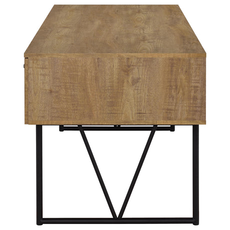 Analiese 63" 4-Drawer Writing Desk & 60" Double Bookshelf - Rustic Mango with Black Metal Frame – view 7