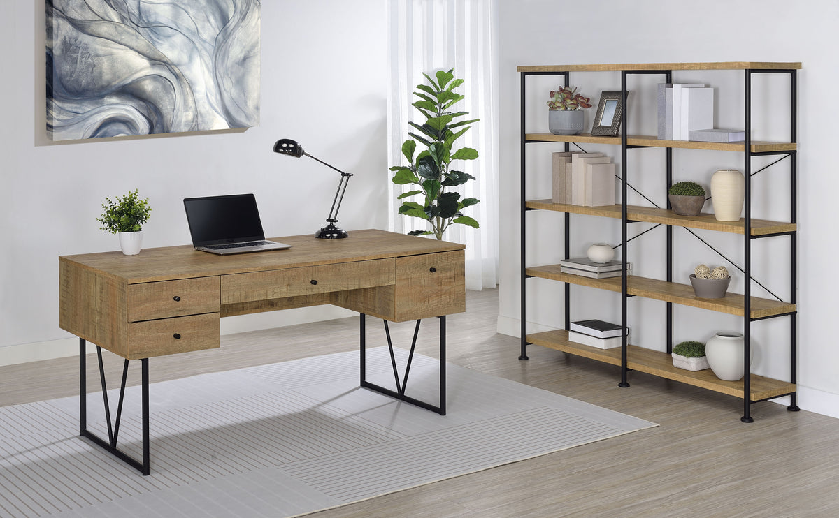 Analiese 63" 4-Drawer Writing Desk & 60" Double Bookshelf - Rustic Mango with Black Metal Frame – view 13