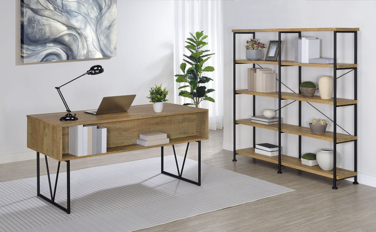 Analiese 63" 4-Drawer Writing Desk & 60" Double Bookshelf - Rustic Mango with Black Metal Frame – view 14