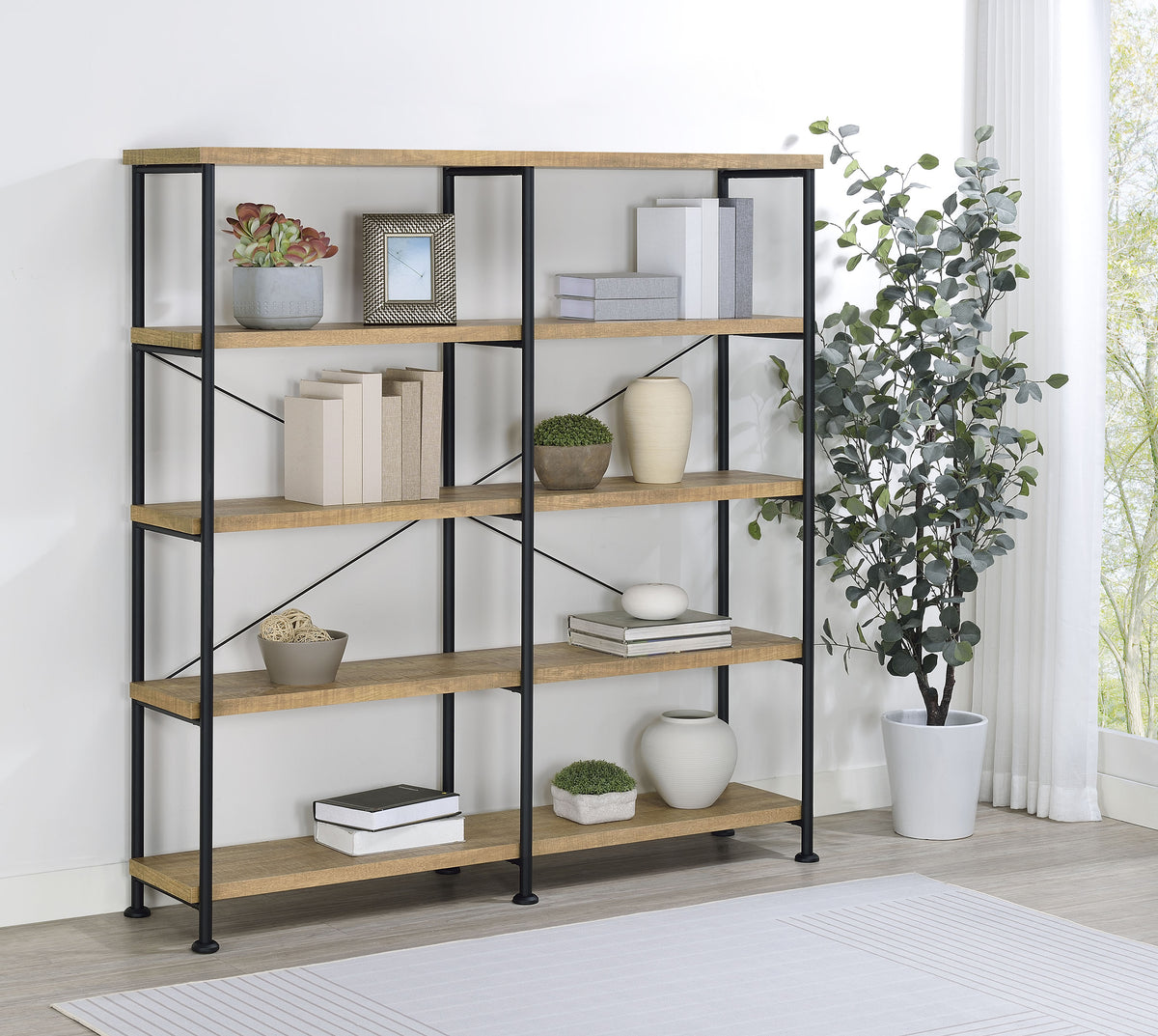 Analiese 63" 4-Drawer Writing Desk & 60" Double Bookshelf - Rustic Mango with Black Metal Frame – view 15