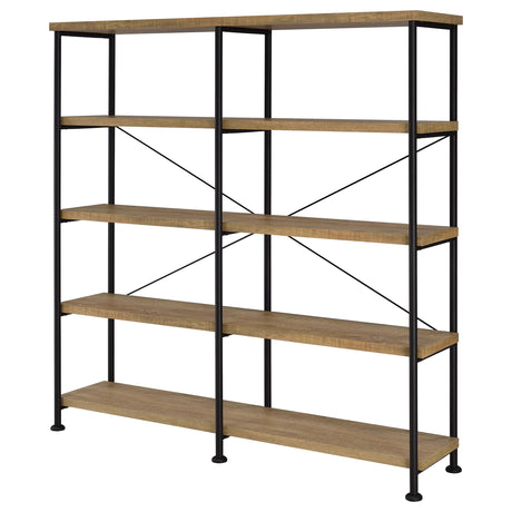 Analiese 63" 4-Drawer Writing Desk & 60" Double Bookshelf - Rustic Mango with Black Metal Frame – view 17