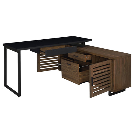 Maddox 60" L-Shape Computer Desk & 71" Cabinet Bookshelf - Walnut & Black with Slatted Doors – view 5