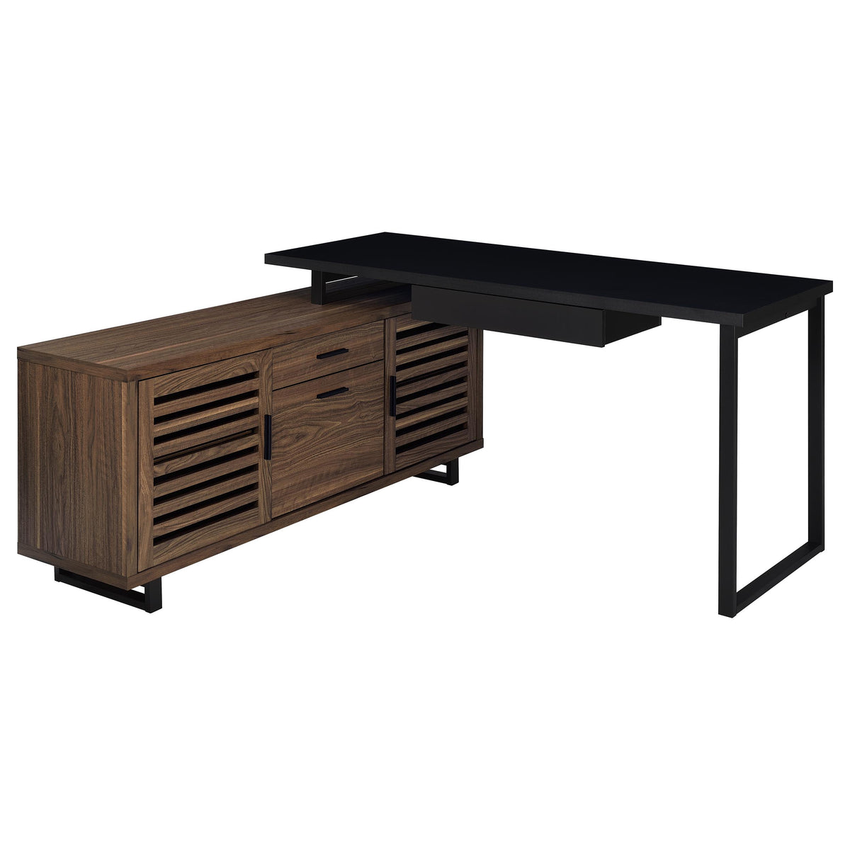 Maddox 60" L-Shape Computer Desk & 71" Cabinet Bookshelf - Walnut & Black with Slatted Doors – view 6