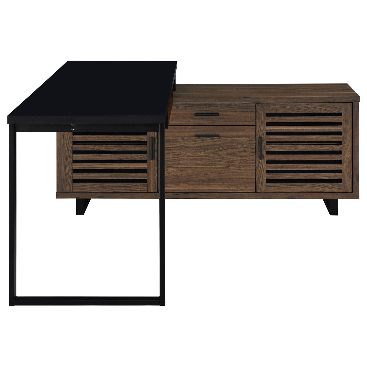 Maddox 60" L-Shape Computer Desk & 71" Cabinet Bookshelf - Walnut & Black with Slatted Doors – view 12