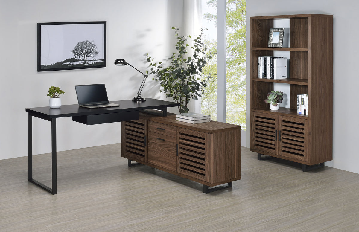Maddox 60" L-Shape Computer Desk & 71" Cabinet Bookshelf - Walnut & Black with Slatted Doors – view 15