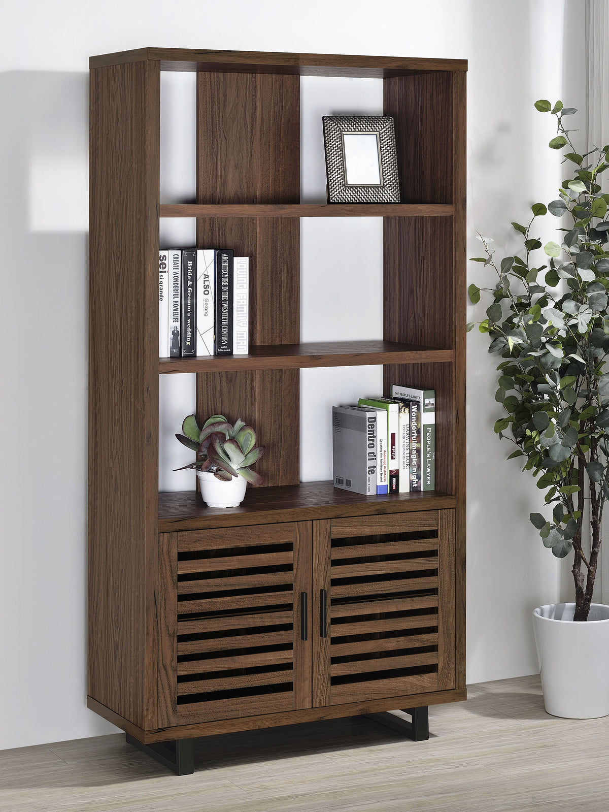 Maddox 60" L-Shape Computer Desk & 71" Cabinet Bookshelf - Walnut & Black with Slatted Doors – view 2