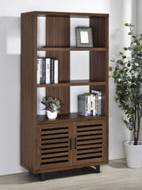 Maddox 60" L-Shape Computer Desk & 71" Cabinet Bookshelf - Walnut & Black with Slatted Doors – view 2