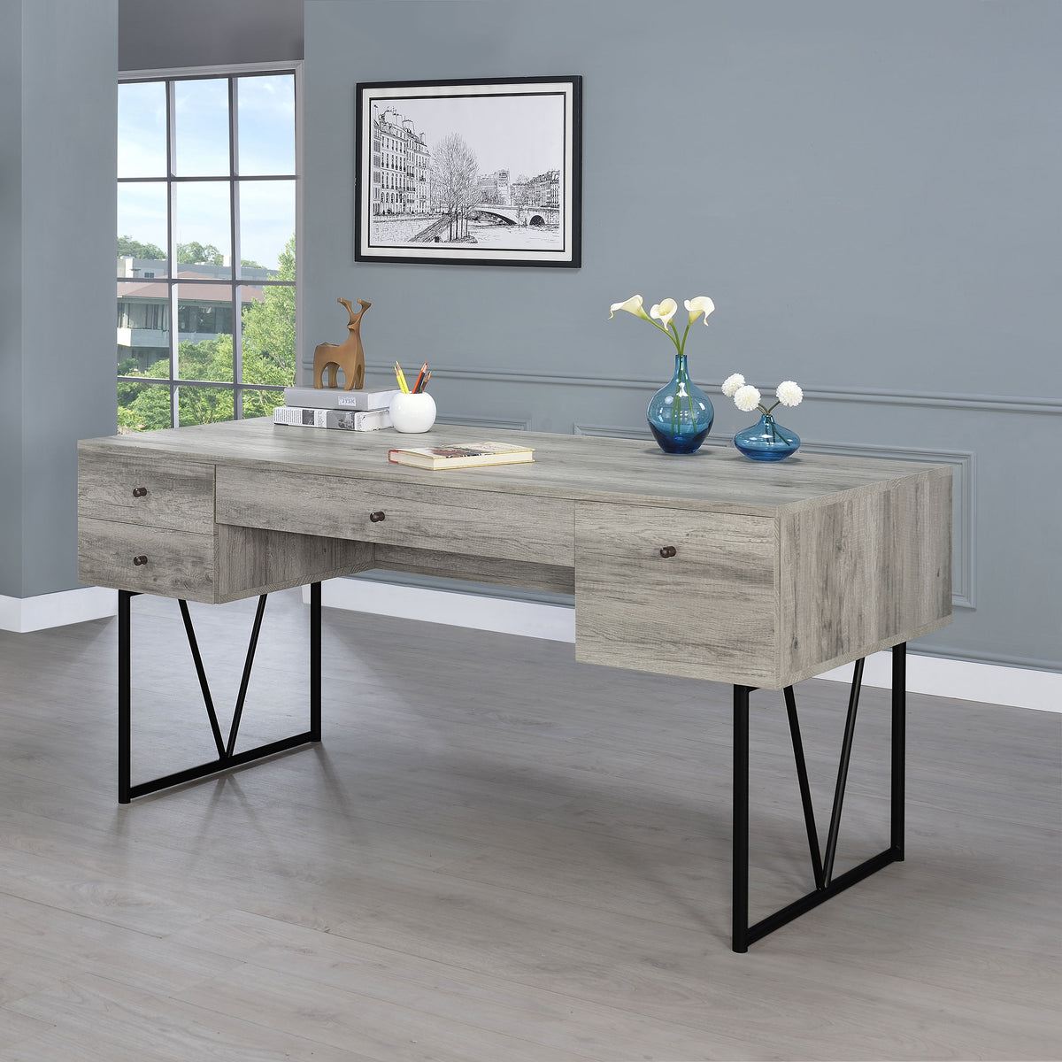Analiese 63" 4-Drawer Writing Desk - Rustic Wood Look on Black Metal Base in Nutmeg or Grey Driftwood – view 2