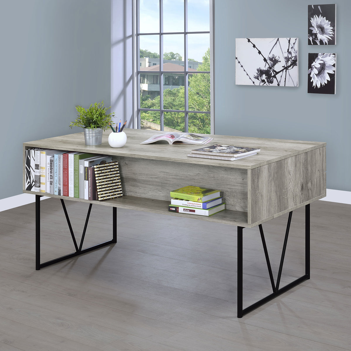 Analiese 63" 4-Drawer Writing Desk - Rustic Wood Look on Black Metal Base in Nutmeg or Grey Driftwood – view 16
