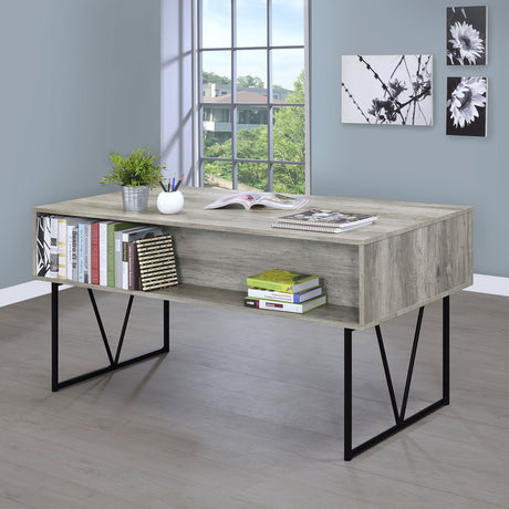 Analiese 63" 4-Drawer Writing Desk - Rustic Wood Look on Black Metal Base in Nutmeg or Grey Driftwood – view 16