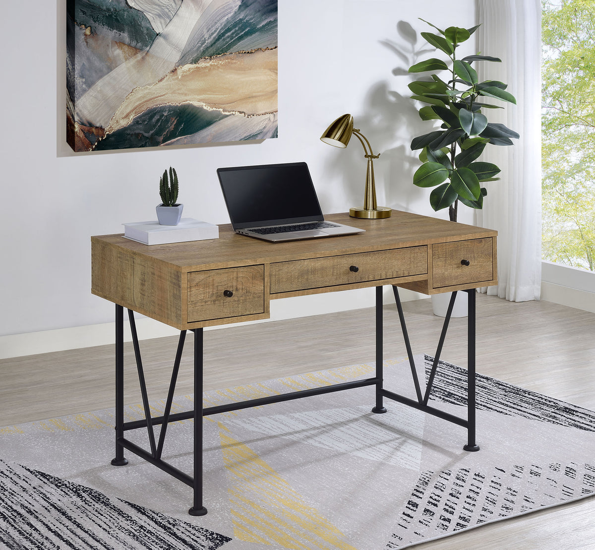 Analiese 47" Writing Desk & 63" Bookshelf - Rustic Mango Finish with Black Metal Frame – view 1