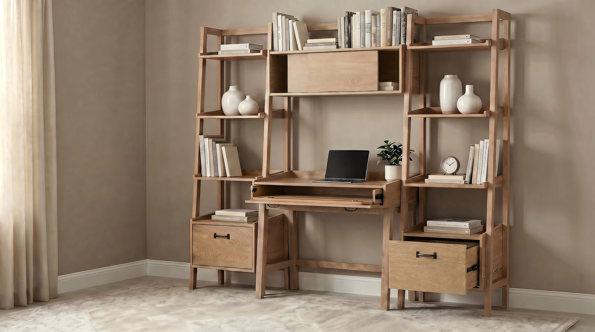Fabian Computer Desk & Bookshelf Wall Set - 4pcs- Desk + 2 Bookshelves + Center Bridge