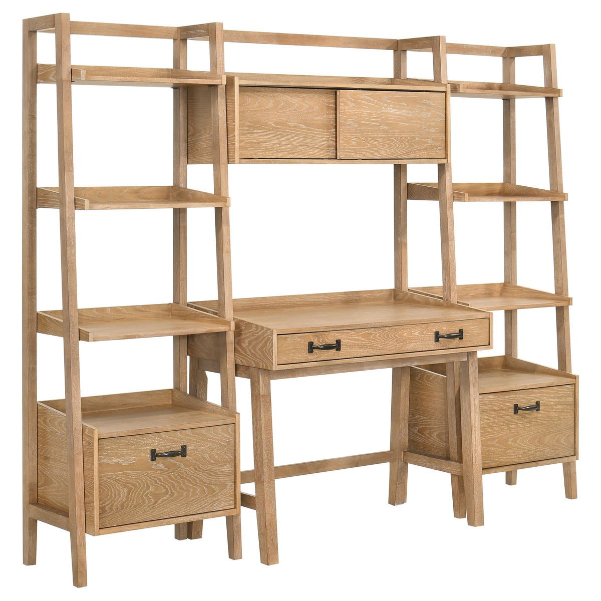 Fabian Computer Desk & Bookshelf Wall Set - Keyboard Drawer & Storage Bridge in Distressed Light Brown – view 11