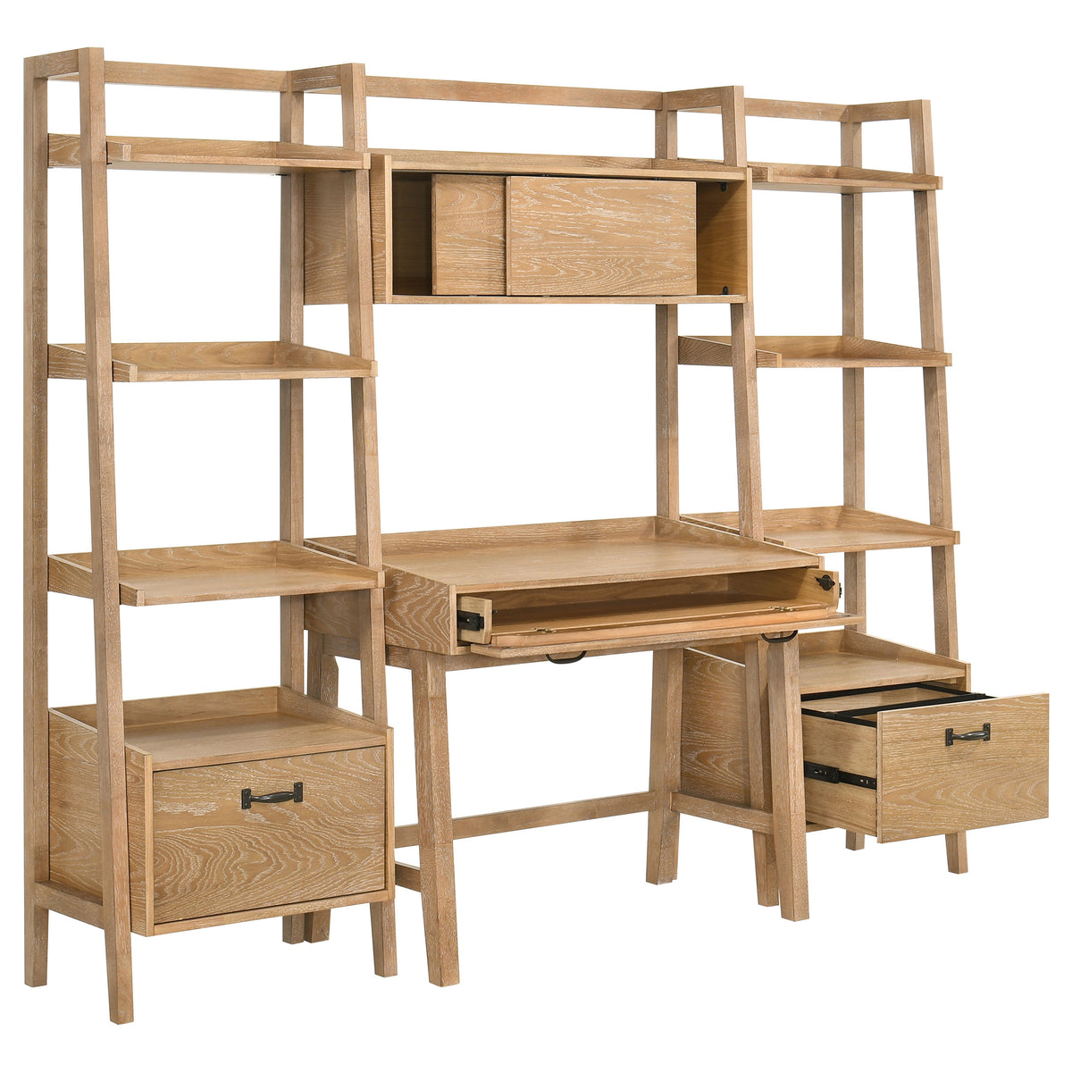 Fabian Computer Desk & Bookshelf Wall Set - Keyboard Drawer & Storage Bridge in Distressed Light Brown – view 12