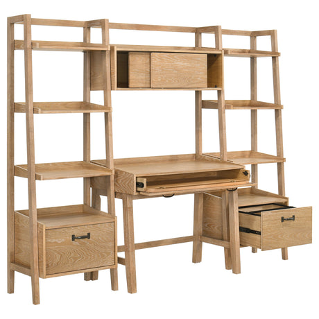 Fabian Computer Desk & Bookshelf Wall Set - Keyboard Drawer & Storage Bridge in Distressed Light Brown – view 12