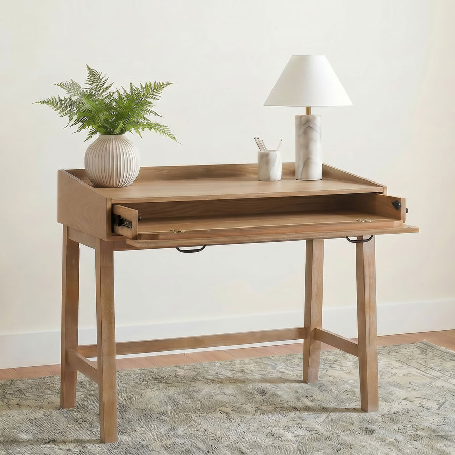 Fabian Computer Desk & Bookshelf Wall Set - Keyboard Drawer & Storage Bridge in Distressed Light Brown