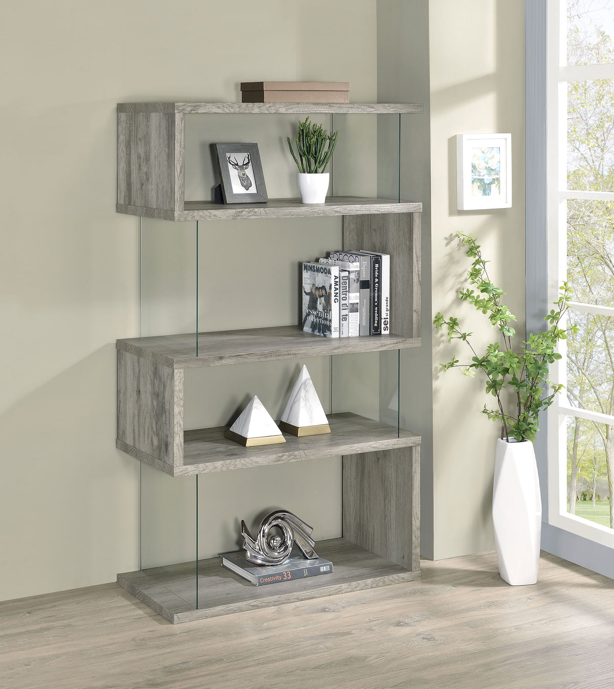 Emelle 63" Zigzag Bookshelf - Grey Driftwood Shelves with Clear Glass Side Panels – view 1