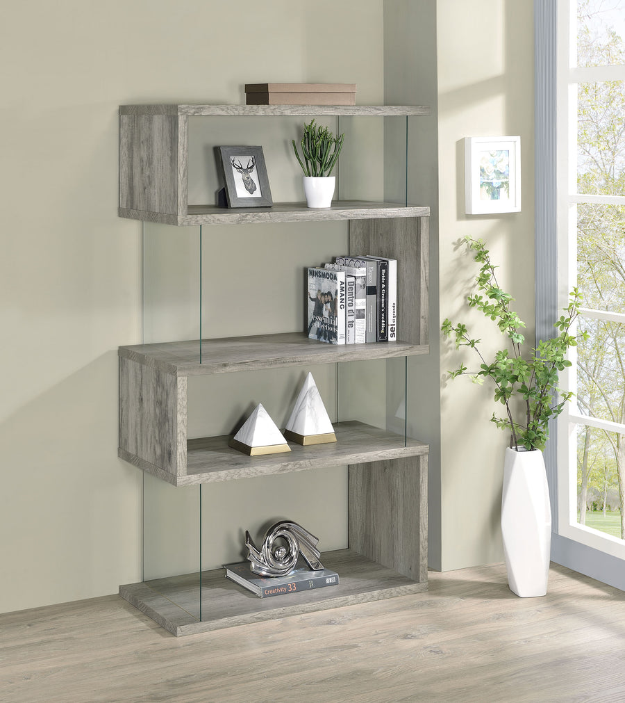Emelle 63" Zigzag Bookshelf - Grey Driftwood Shelves with Clear Glass Side Panels