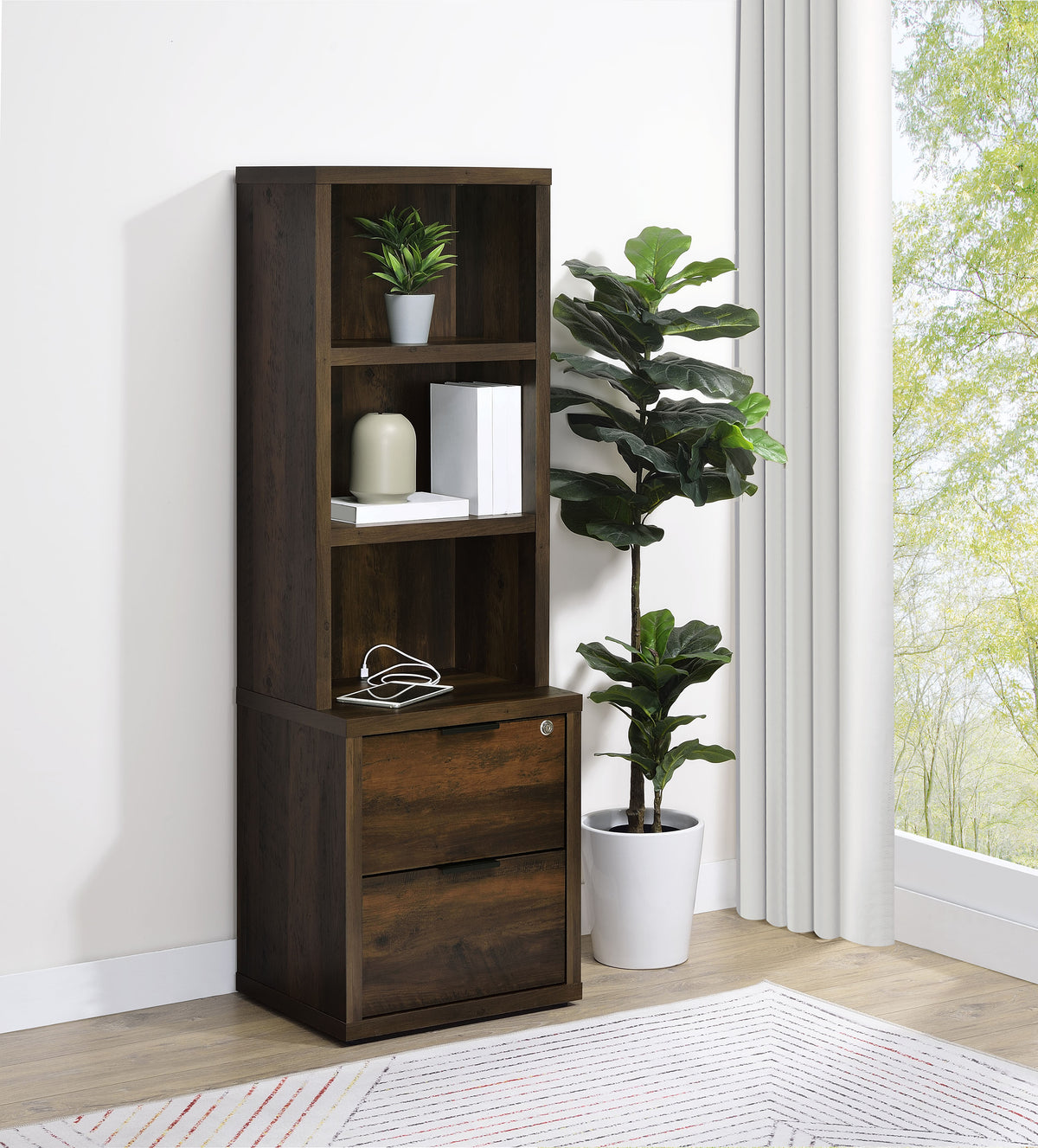 Westpark Bookcase with USB Charging & Locking Drawer - Single or 3-Piece Wall Unit in Dark Pine – view 1