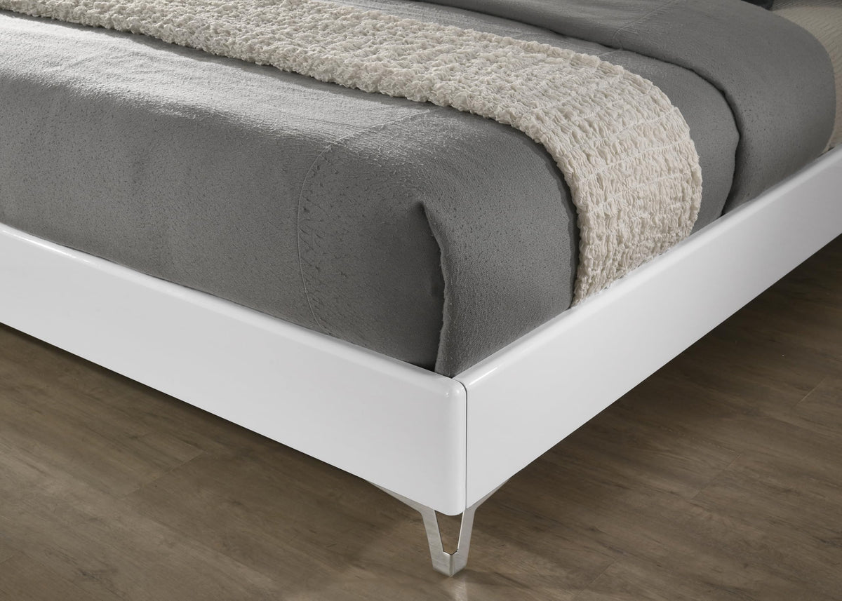 Linea 87" California King Bed Frame, White Frame with Beige Padded Headboard - back view