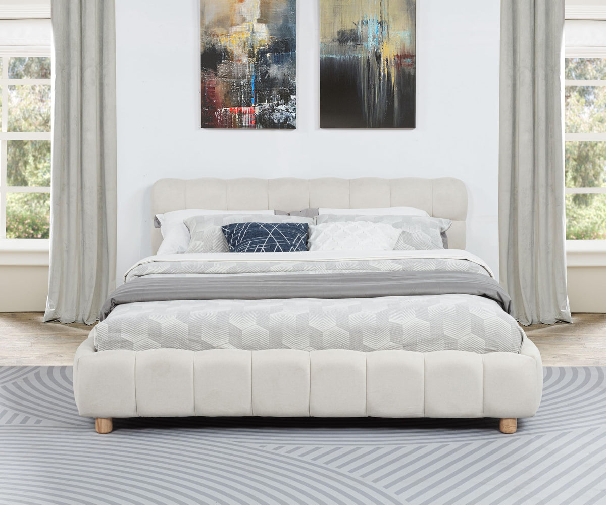 Ctoria Queen Burlap Bed Frame with 30" Curved Block-Style Headboard, Low Profile in Cream - back view