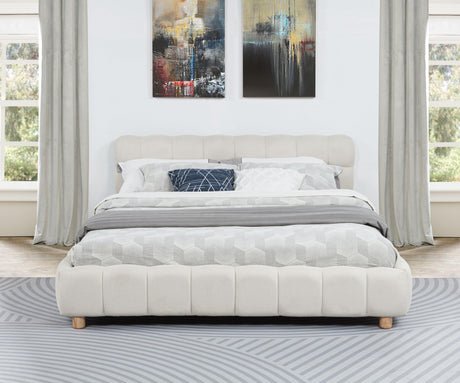 Ctoria Queen Burlap Bed Frame with 30" Curved Block-Style Headboard, Low Profile in Cream - back view