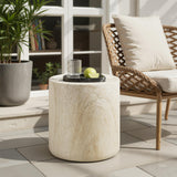 Vyn 18" Round End Table Concrete Travertine Finish, Modern Organic Drum Side Table in Sand - detail view