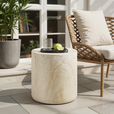 Vyn 18" Round End Table Concrete Travertine Finish, Modern Organic Drum Side Table in Sand - detail view