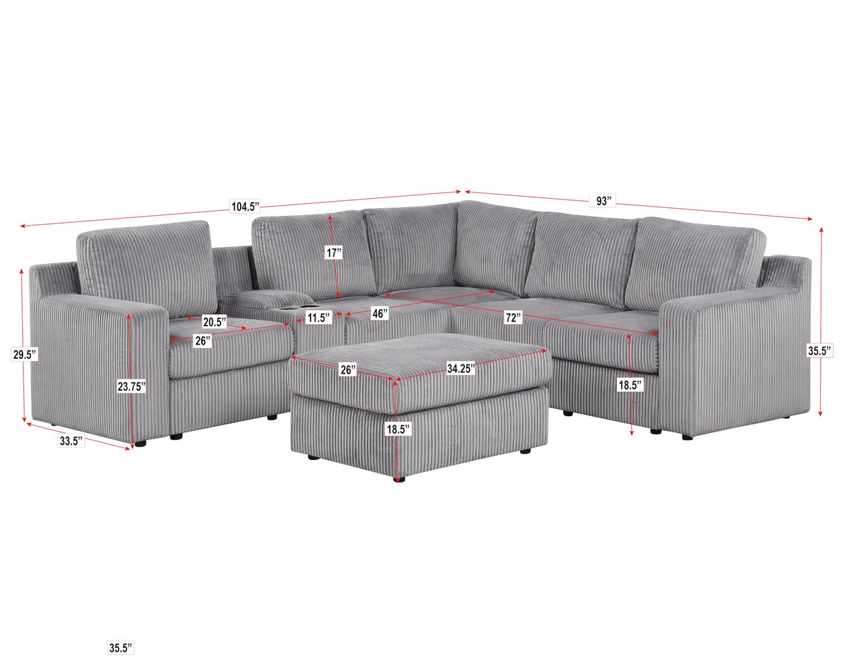 Solesse 9-Piece Contemporary Modular Sectional Sofa, Ridged 100% Polyester Upholstery in Grey - side view