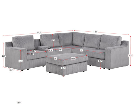 Solesse 9-Piece Contemporary Modular Sectional Sofa, Ridged 100% Polyester Upholstery in Grey - side view