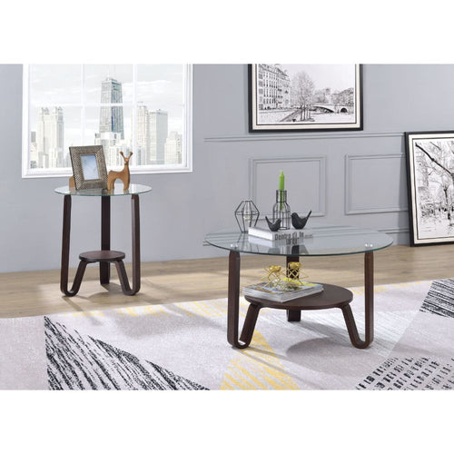 Darby Round End Table - Tempered Glass Top & V-Shape Legs in Dark Walnut