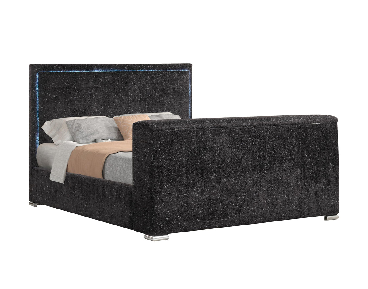 Yureya Upholstered Modern Platform Bed Frame with Hidden TV Lift Storage, King, Fireplace Light Ambience in Black