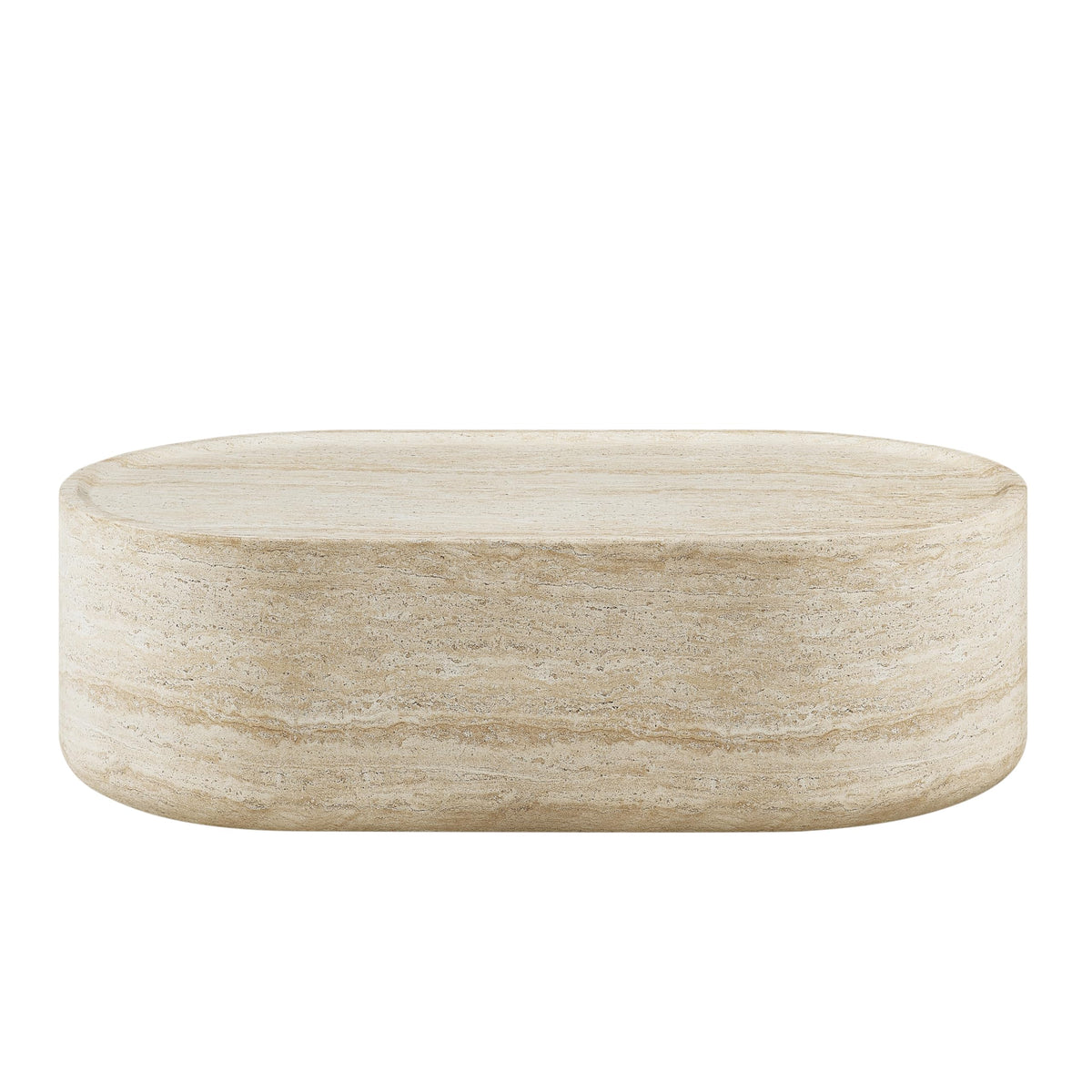Vyn 52" Oval Coffee Table Concrete Travertine Finish, Modern Organic Large Drum Center Table in Sand - angle view