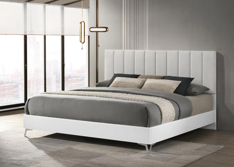 Linea 83" Eastern King Bed Frame, White Frame with Beige Padded Headboard - front view