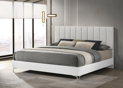 Linea 83" Eastern King Bed Frame, White Frame with Beige Padded Headboard
