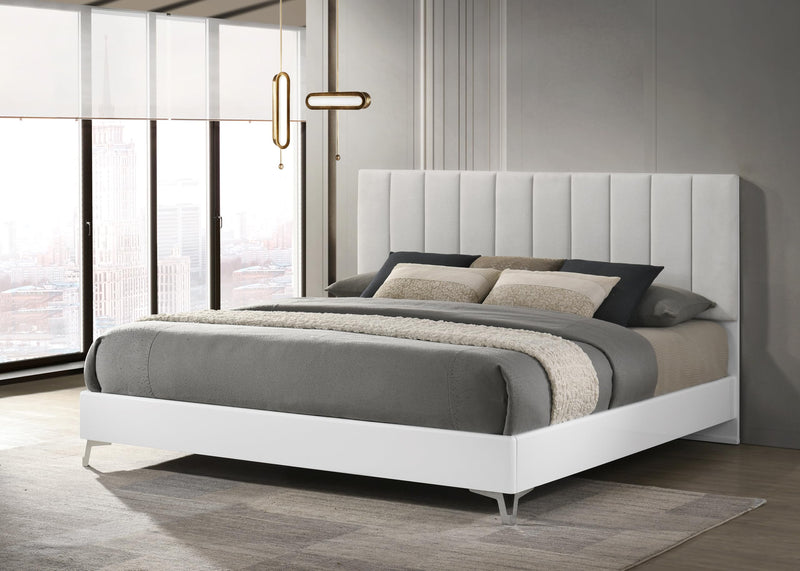 Linea 83" Eastern King Bed Frame, White Frame with Beige Padded Headboard