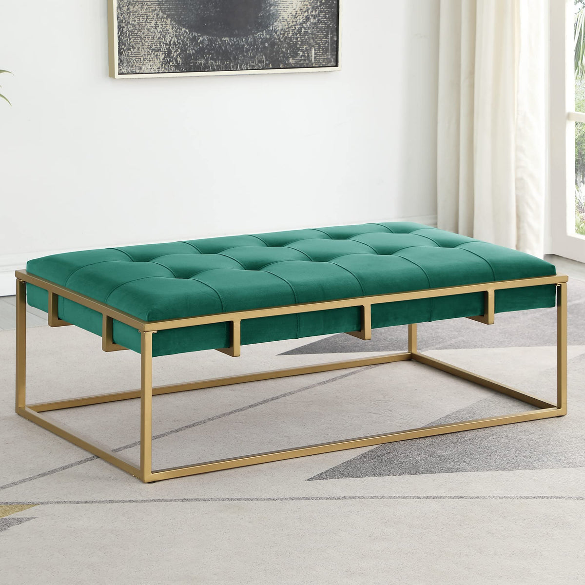Anika Velvet Rectangular Ottoman in Green - front view