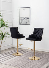 Brightcast 2-Piece Velvet Tufted Gold Bar Stools in Black - front view