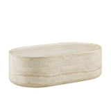 Vyn 52" Oval Coffee Table Concrete Travertine Finish, Modern Organic Large Drum Center Table in Sand