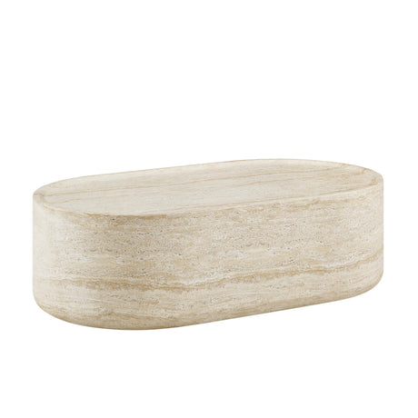 Vyn 52" Oval Coffee Table Concrete Travertine Finish, Modern Organic Large Drum Center Table in Sand