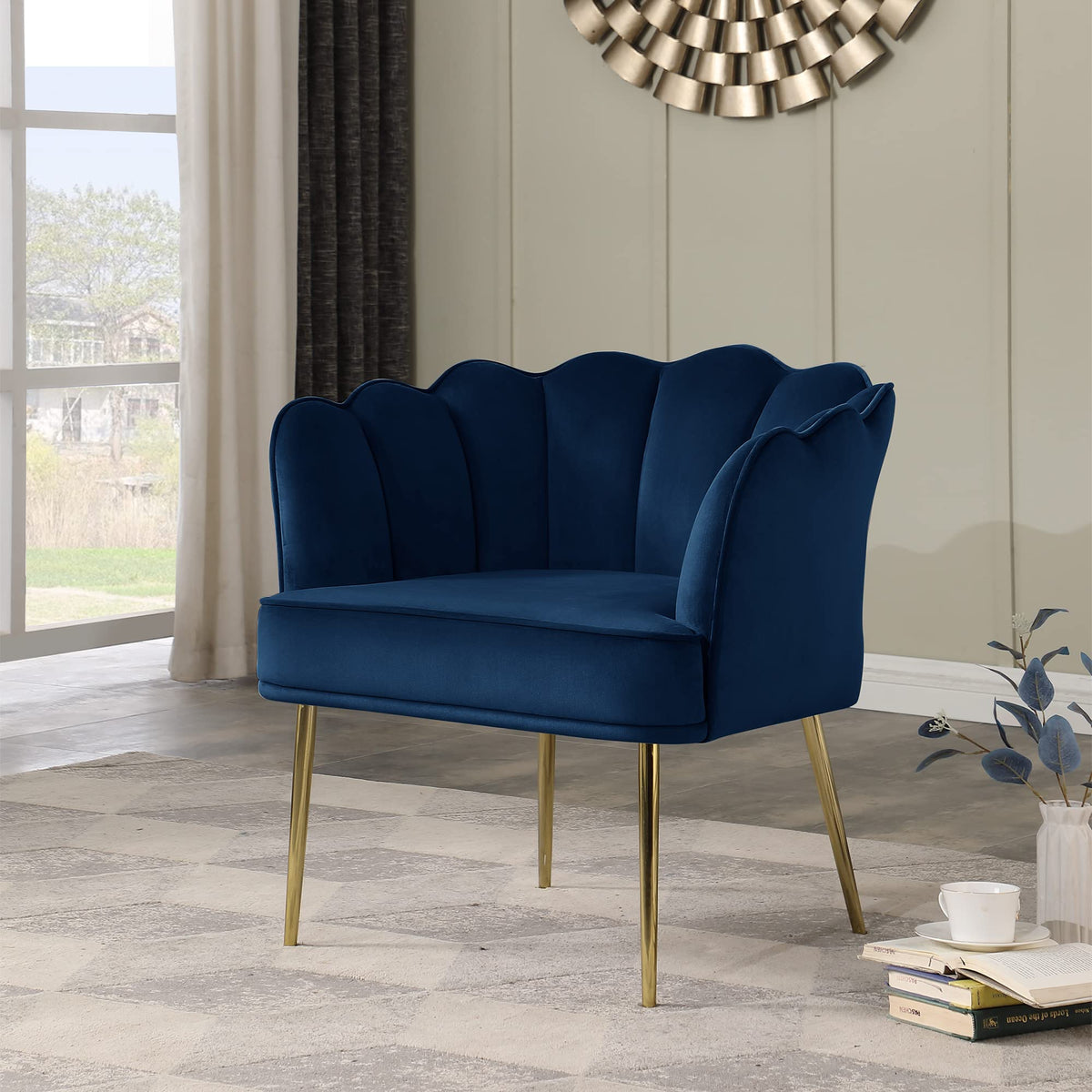 Jayleen Velvet Wide Barrel Chair in Navy Blue - front view