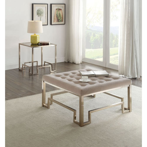 Damien Square Cocktail Ottoman - Tufted Fabric Top & Geometric Champagne Metal Base