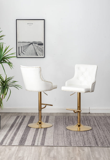 Brightcast 2-Piece Velvet Tufted Gold Bar Stools in White - front view