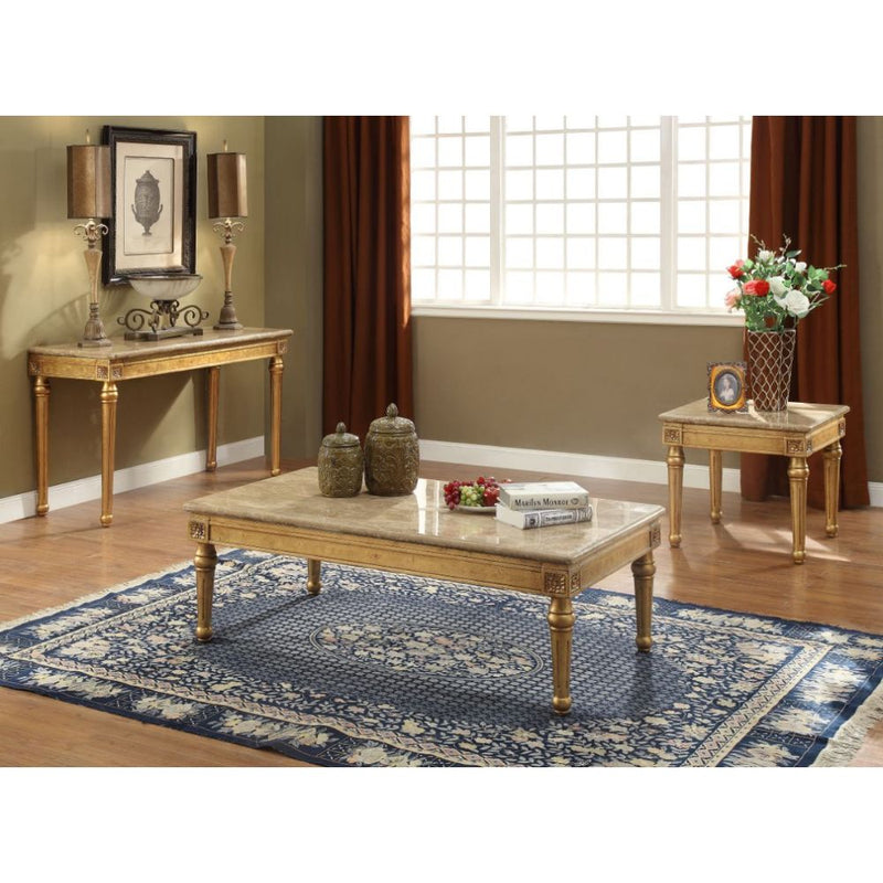 Daesha Marble Top Coffee & Sofa Table - Carved Floral Apron & Fluted Legs in Antique Gold