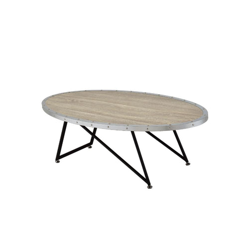Allis Oval Coffee Table - Industrial Metal Trim & Nailheads in Weathered Gray Oak