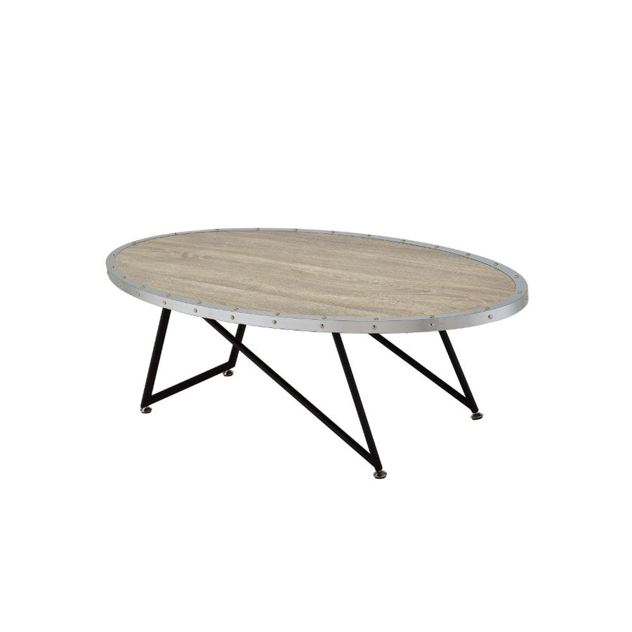 Allis Oval Coffee Table - Industrial Metal Trim & Nailheads in Weathered Gray Oak